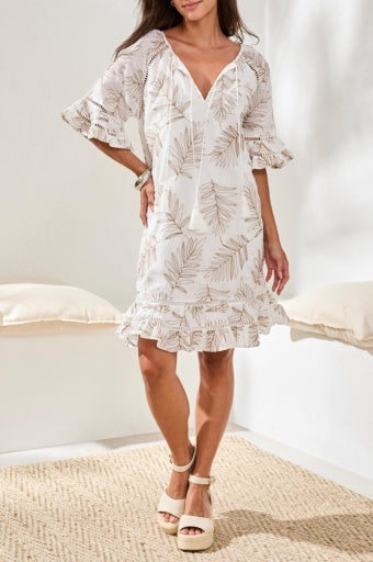 Womens Tribal Printed V-Neck Dress in White
