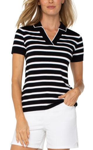 Womens Liverpool Short Sleeve Collared Sweater in Black/White Stripe