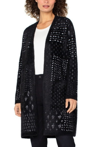 Womens Liverpool Fuzzy Jacquard Sweater Coat in Black White Patchwork