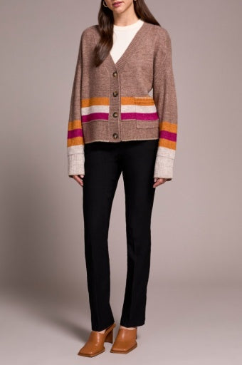 Womens Tribal Stripe Long Sleeve Sweater Cardigan in Mocha