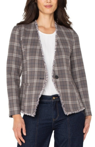 Womens Liverpool Collarless Fitted Blazer with Fray in Brown/Navy Glen Check