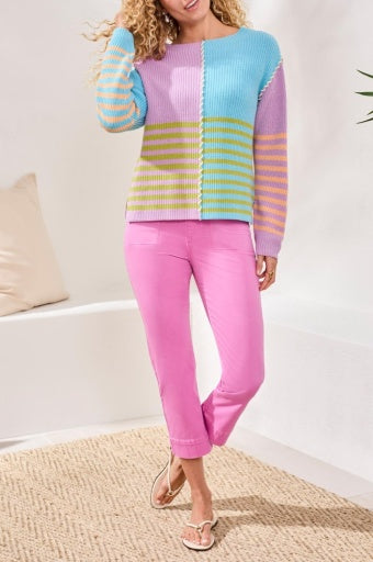 Womens Tribal Multi Stripe Textured Boat Neck Sweater in Lilac Rose