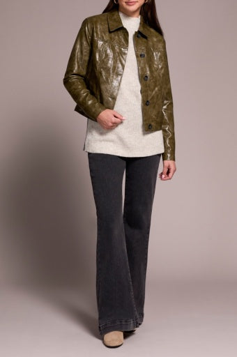 Womens Tribal Faux Leather Button-Front Collar-Accent Jacket in Olive Leaf