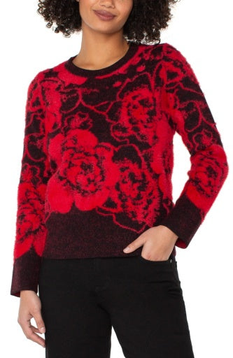 Womens Long Sleeve Crew Neck Sweater in Black Red Floral