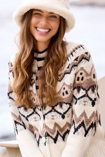 Womens Tribal Fair Isle Button Front Sweater in Moonstone