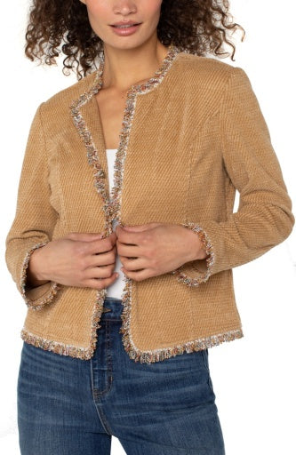 Womens Liverpool Collarless Jacket with Frayed Edges in Honey