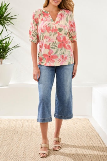 Womens Tribal Printed Elbow Sleeve Henley in Canvas