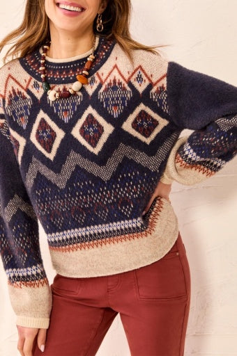 Womens Tribal Fair Isle Mock Neck Sweater in Sapphire