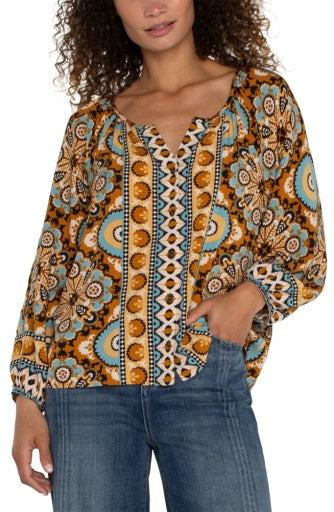 Womens Liverpool Long Sleeve Button Front Blouse in Ocean Jasper Multi