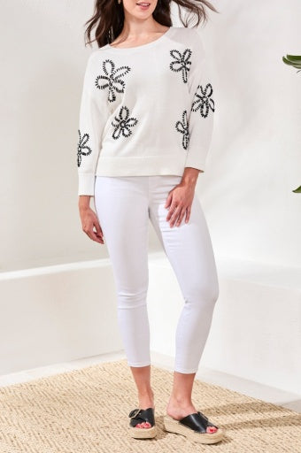 Womens Tribal Embroidered 3/4 Sleeve Crewneck Sweater in White