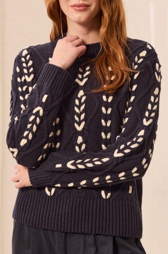 Womens Tribal Contrast Lace-Up Cable Knit Sweater in Sapphire