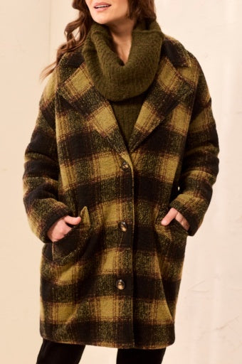 Womens Tribal Plaid Cocoon Button Front Coat in Saddle Brown