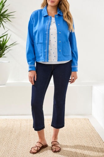 Womens Tribal Hidden Snap Front Stretch Denim Jacket in Royal