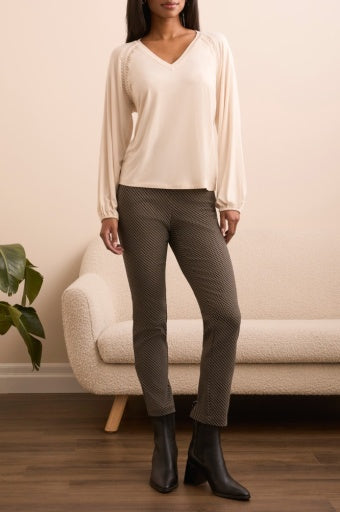 Womens Tribal V-Neck Gathered Cuff Top in Moonstone
