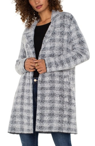 Womens Liverpool Open Front Coatigan Sweater in Grey/White Plaid