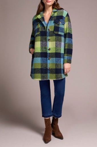 Womens Tribal Knit Plaid Notch Collar Shacket in Nightfall