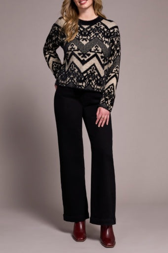 Womens Tribal Long Sleeve Crew Neck Sweater in Black