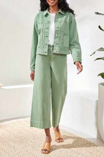 Womens Tribal Button Front Denim Jacket in Moss