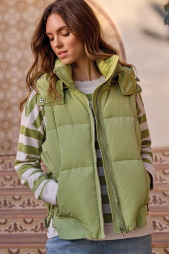 Womens Tribal Quilted Puffer Vest with Removable Hood in Wasabi