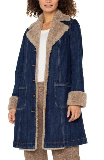 Womens Sherpa Trimmed Notch Collar Jacket in Rinse Wash