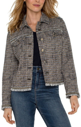 Womens Liverpool Trucker Jacket With Fray Seaming in Lapis Boucle