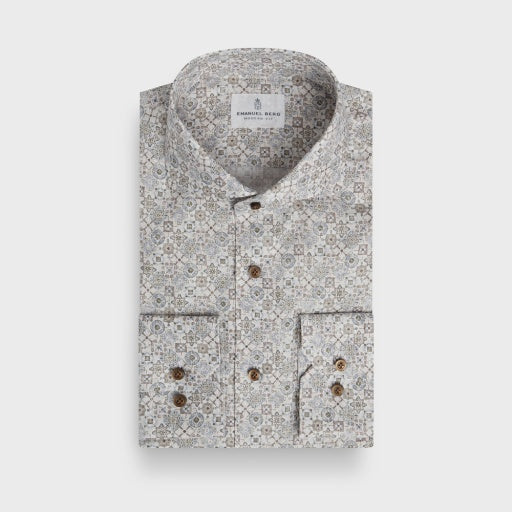 Emanuel Berg Dobby Printed Cotton Sport Shirt in Beige