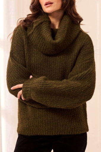 Womens Tribal Drama Funnel Neck Sweater in Cedar Green