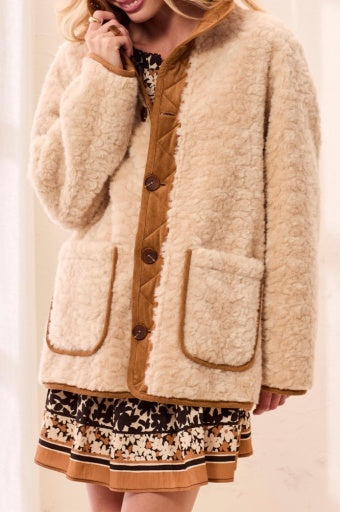 Womens Tribal Reversible Faux Suede and Sherpa Funnel Neck Jacket in Walnut