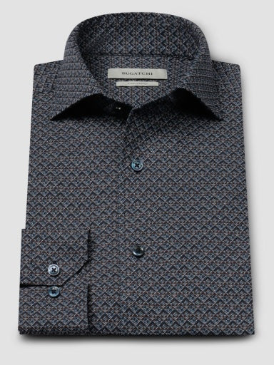 Bugatchi Devon Geometric OoohCotton Sport Shirt in Navy
