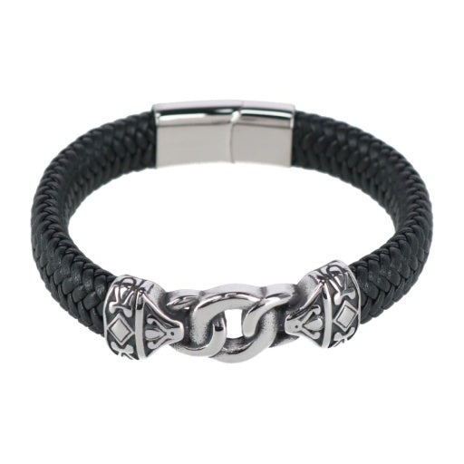 Trafalgar Leather Bracelet in Black with Silver Interlock Pattern