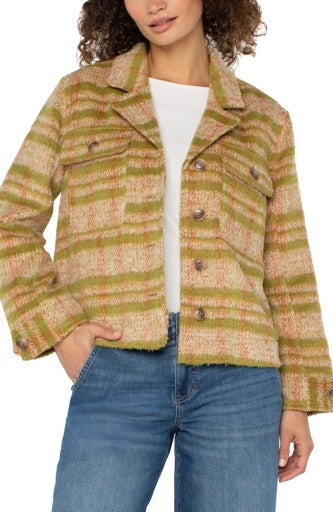 Womens Liverpool Button Front Boxy Shacket in Green Gold Plaid
