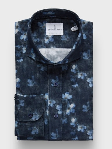 Emanuel Berg Cotton Corduroy Sport Shirt in Navy Floral
