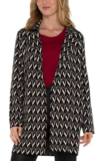 Womens Liverpool Open Front Coatigan Sweater in Black/Cream Chevron