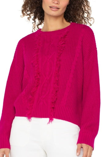 Womens Liverpool Crew Neck Sweater with Fringe in Deep Raspberry Pink