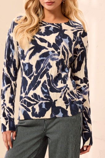 Womens Tribal Printed Cable Cotton Crew Neck Sweater in Blue Fog