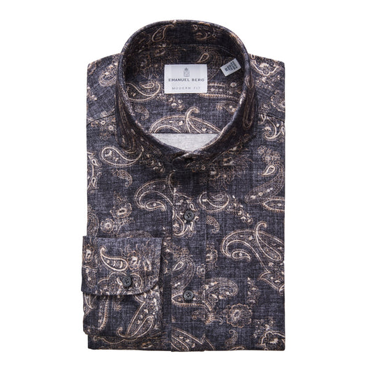 Emanuel Berg Premium Jersey Sport Shirt in Charcoal Paisley