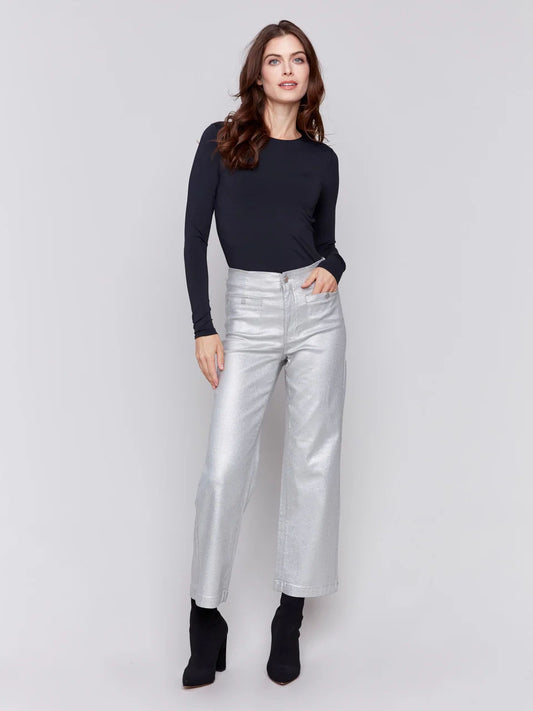 Womens Charlie B Metallic Wax Flared Pants in Silver