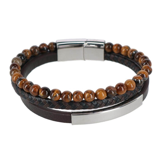 Trafalgar Loose Fit Beaded and Leather 3 Strand Bracelet in Brown