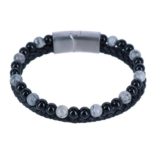 Trafalgar Loose Fit Thurgood Beaded and Braided Leather Secure Clasp Bracelet in Black