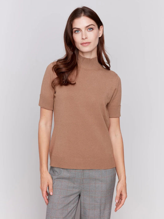 Womens Short Sleeve Mock Neck Sweater in Truffle