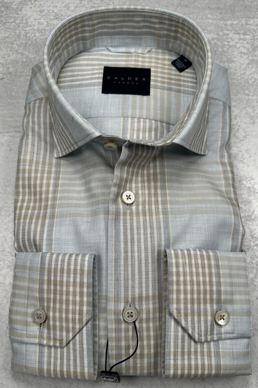 Calder Caramel Luxury Melange Twill Check Sport Shirt in Sand/Grey