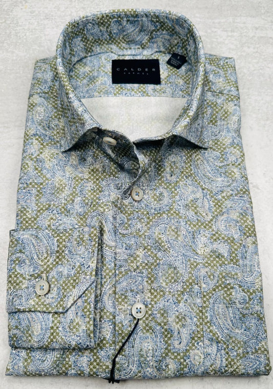 Calder Caramel Luxury Printed Sport Shirt in Olive/Blue