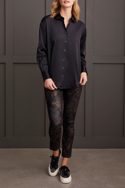 Womens Tribal Flowy Satin Button Up Shirt in Black