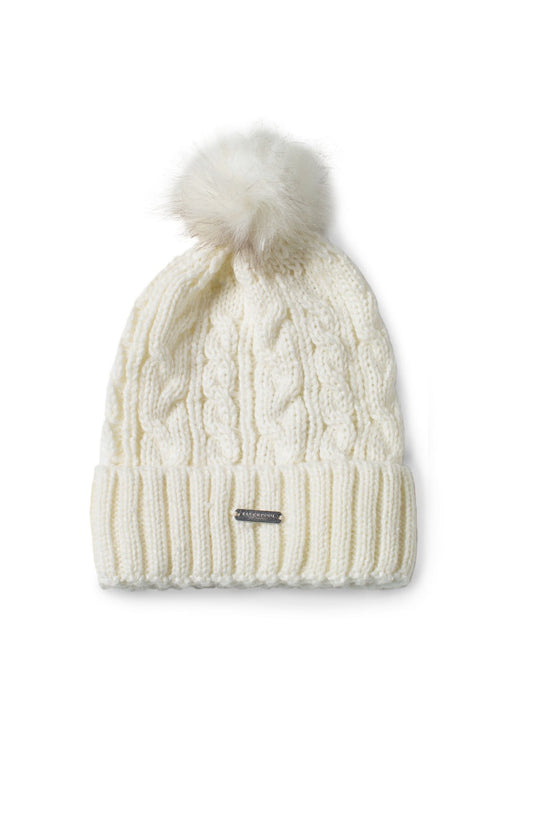 Womens Liverpool Cable Knit Beanie w/ Fax Fur Pouf (Snow White)