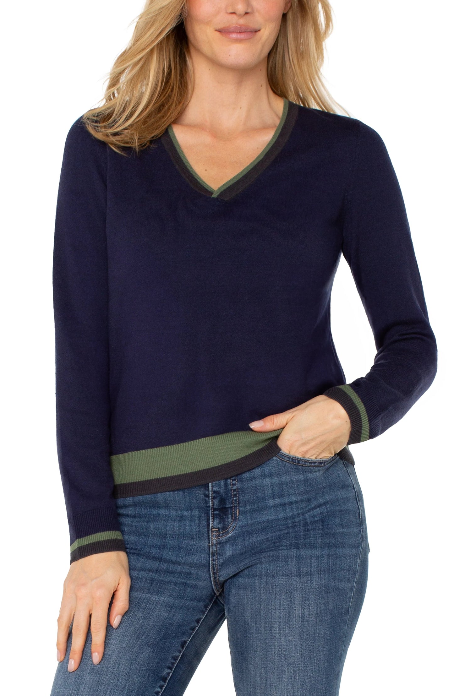 Womens Liverpool Long Sleeve Colorblock Sweater in Navy/Green Multi