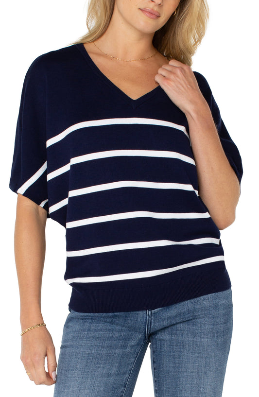 Womens Liverpool Short Sleeve Dolman V-Neck Sweater in Navy/White Stripe