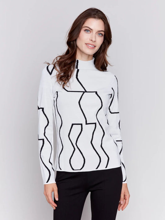 Womens Charlie B Reversible Jacquard Mock Neck Sweater in Black/Cream