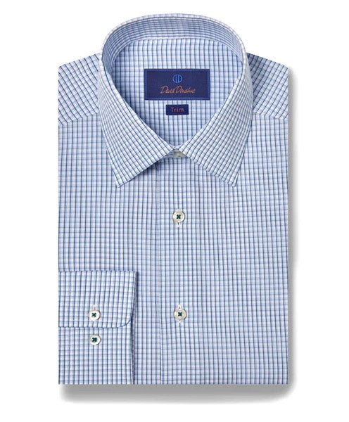 David Donahue Micro Check Dress Shirt in White/Ocean