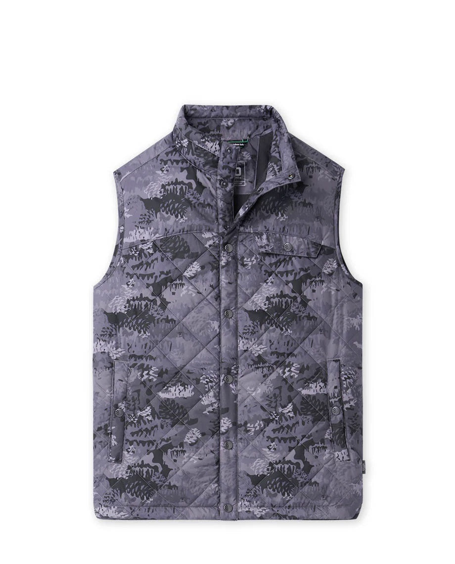 Stio Mens Skycrest Insulated Vest in Steel Pony Whitebark Camo