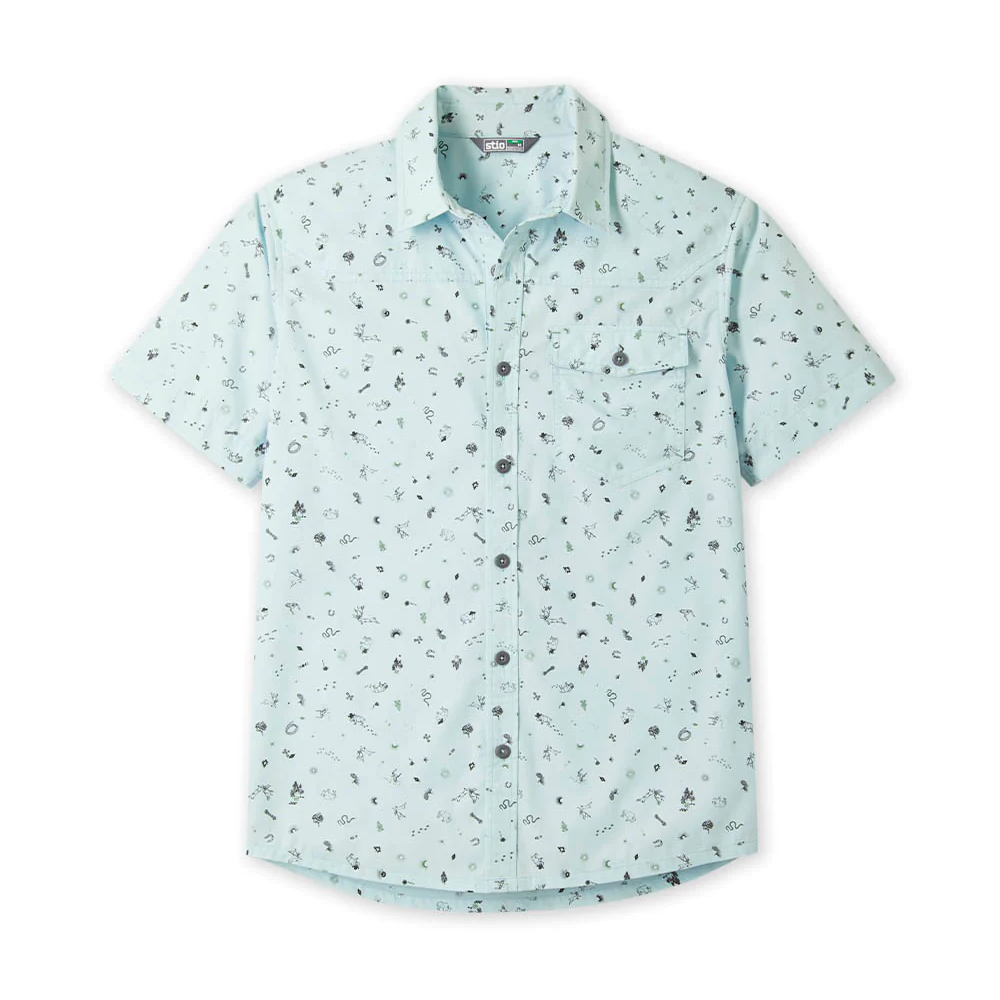 Stio Mens Curtis Short Sleeve Camp Shirt in Windchill Ride Wy
